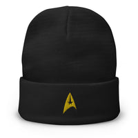 Black cuffed beanie with The Delta Insignia Starfleet Badge embroidered artwork, front view