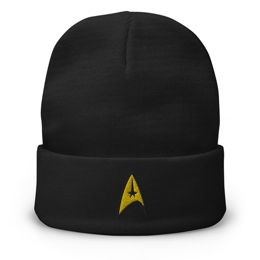 Black cuffed beanie with The Delta Insignia Starfleet Badge embroidered artwork, front view