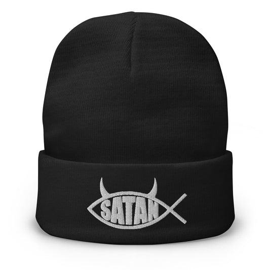 Black cuffed beanie with Satan Fish with Horns Religious Satire embroidered artwork, front view