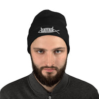 Black cuffed beanie with Satan Fish with Horns Religious Satire embroidered artwork, front view