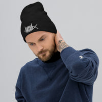 Black cuffed beanie with Satan Fish with Horns Religious Satire embroidered artwork, front view
