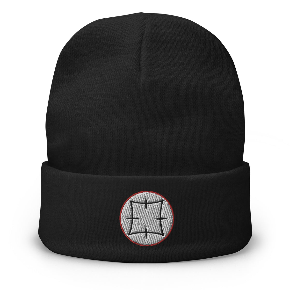 Black cuffed beanie with Ancient Japanese embroidered artwork, front view