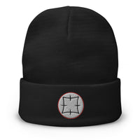 Black cuffed beanie with Ancient Japanese embroidered artwork, front view