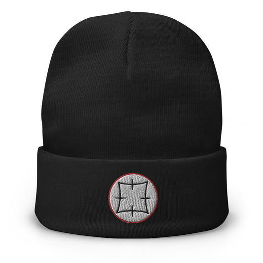Black cuffed beanie with Ancient Japanese embroidered artwork, front view