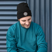 Black cuffed beanie with Ancient Japanese embroidered artwork, front view
