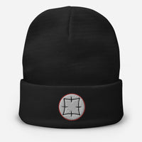 Black cuffed beanie with Ancient Japanese embroidered artwork, front view