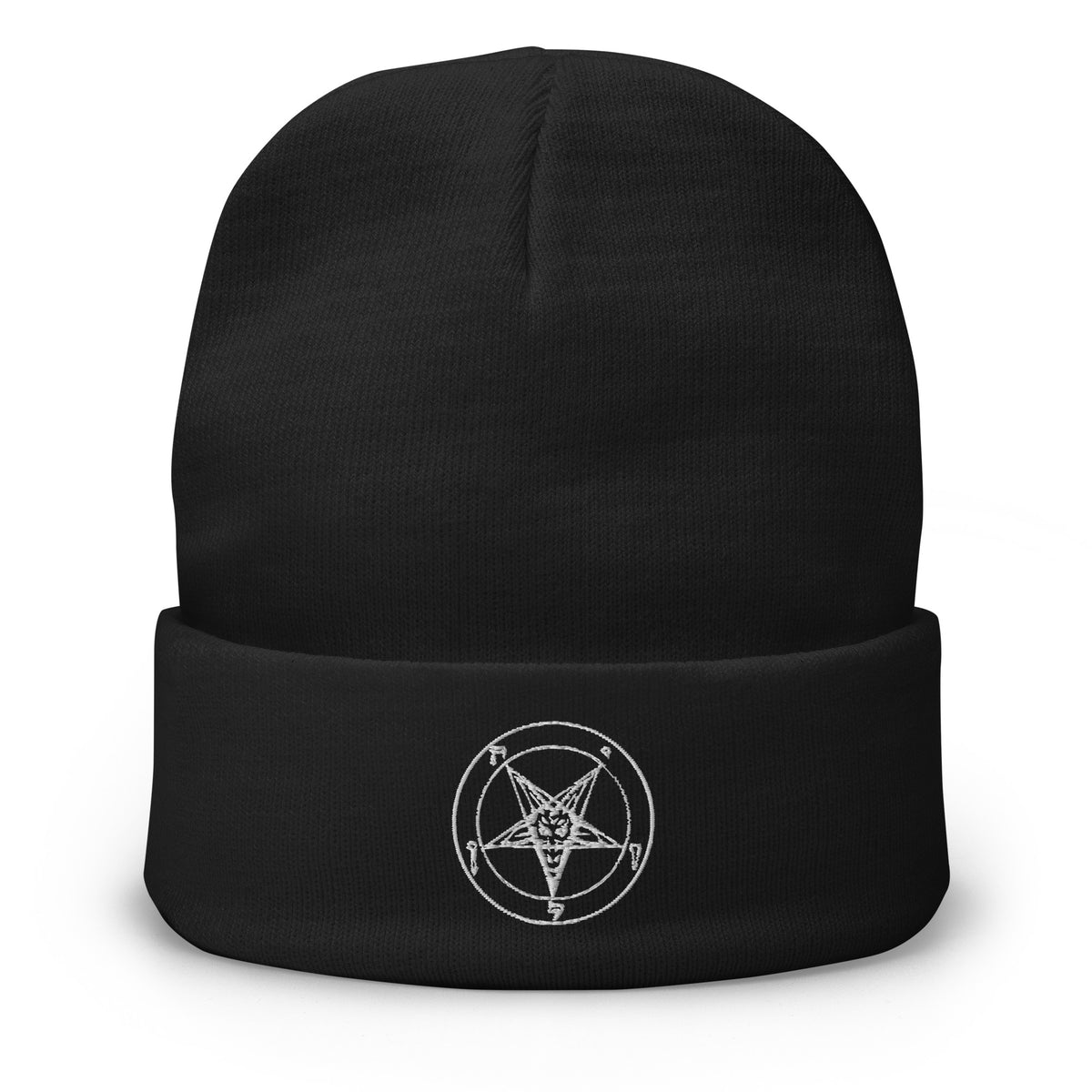 Black cuffed beanie with White Sigil of Baphomet embroidered artwork, front view