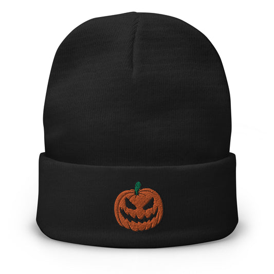 Black cuffed beanie with Scary Jack O Lantern Pumpkin embroidered artwork, front view