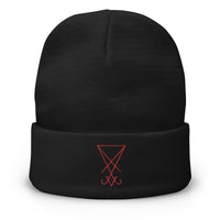 Black cuffed beanie with Red Thread Sigil of Lucifer The Seal of Satan embroidered artwork, front view