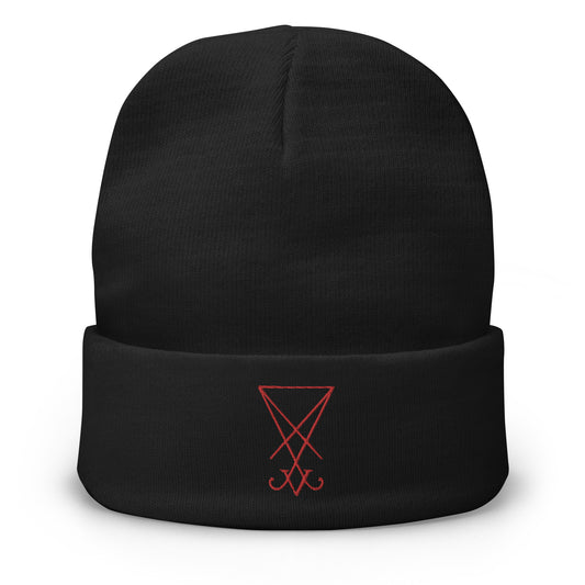 Black cuffed beanie with Red Thread Sigil of Lucifer The Seal of Satan embroidered artwork, front view
