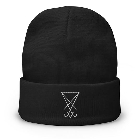 Black cuffed beanie with White Thread Sigil of Lucifer The Seal of Satan embroidered artwork, front view