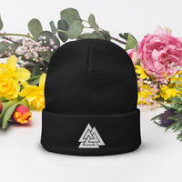 Black cuffed beanie with Viking Valknut Triangles of Power and Glory embroidered artwork, front view