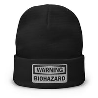Black cuffed beanie with Warning Sign Bio Hazard Zombie Apocalypse embroidered artwork, front view