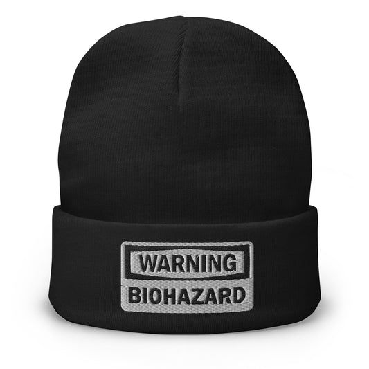 Black cuffed beanie with Warning Sign Bio Hazard Zombie Apocalypse embroidered artwork, front view