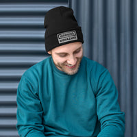 Black cuffed beanie with Warning Sign Bio Hazard Zombie Apocalypse embroidered artwork, front view