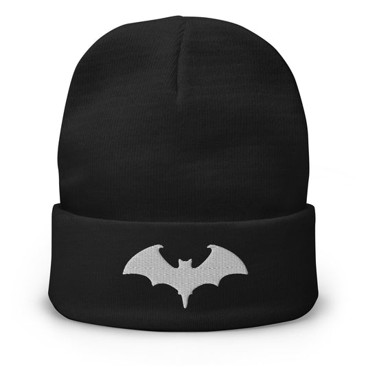 Black cuffed beanie with Vampire Bat embroidered artwork, front view