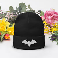 Black cuffed beanie with Vampire Bat embroidered artwork, front view