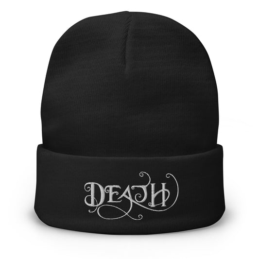 Black cuffed beanie with Death - This is the End embroidered artwork, front view