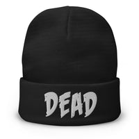 Black cuffed beanie with DEAD Emotional Depression embroidered artwork, front view