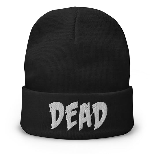 Black cuffed beanie with DEAD Emotional Depression embroidered artwork, front view