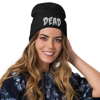 Black cuffed beanie with DEAD Emotional Depression embroidered artwork, front view