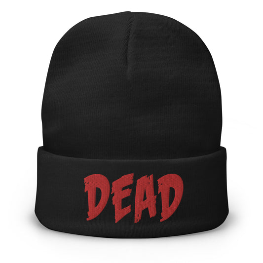 Black cuffed beanie with DEAD Emotional Depression embroidered artwork, front view