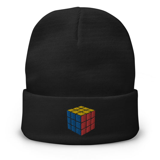 Black cuffed beanie with Gaming Speed Cube Puzzle Box embroidered artwork, front view
