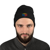 Black cuffed beanie with Gaming Speed Cube Puzzle Box embroidered artwork, front view