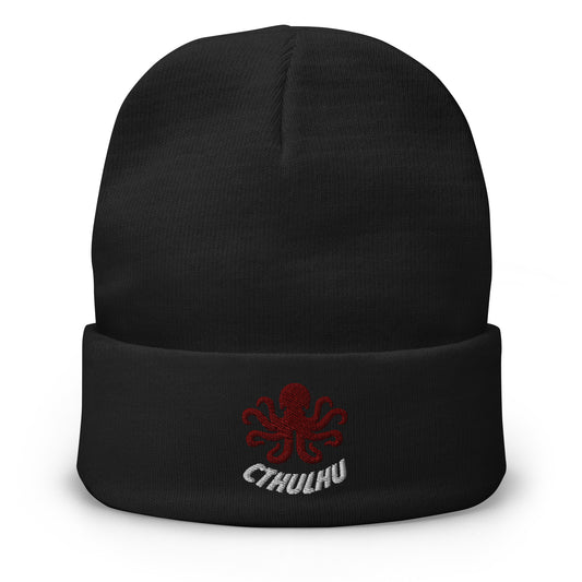 Black cuffed beanie with The Call of Cthulhu Fiction embroidered artwork, front view