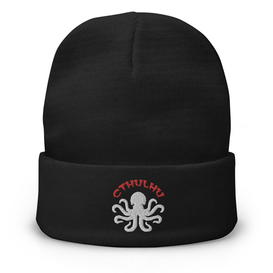 Black cuffed beanie with Cthulhu The Elder Gods embroidered artwork, front view