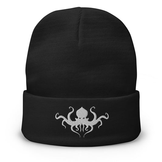 Black cuffed beanie with Beast Cthulhu embroidered artwork, front view