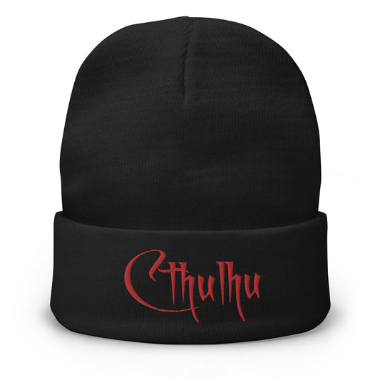 Black cuffed beanie with Call of Cthulhu The Great Old Ones embroidered artwork, front view