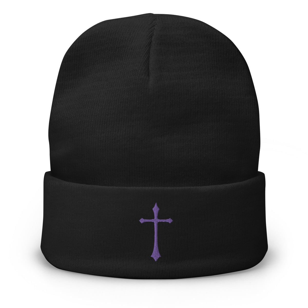 Black cuffed beanie with Purple Ancient Medeival Cross embroidered artwork, front view