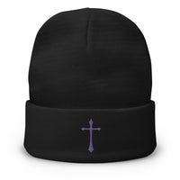 Black cuffed beanie with Purple Ancient Medeival Cross embroidered artwork, front view