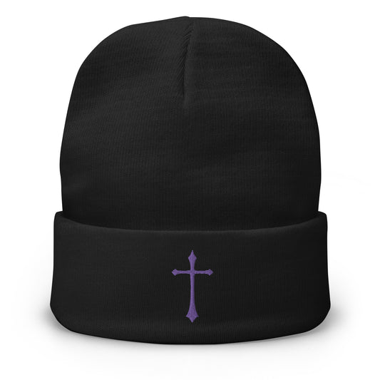 Black cuffed beanie with Purple Ancient Medeival Cross embroidered artwork, front view