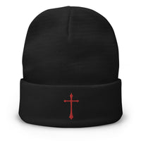 Black cuffed beanie with Red Ancient Medeival Cross embroidered artwork, front view