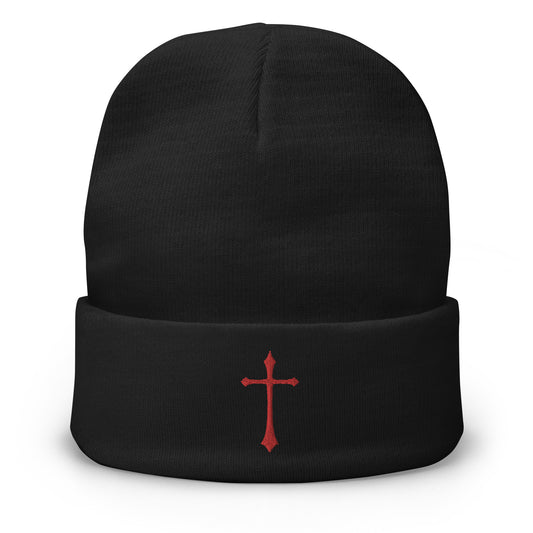 Black cuffed beanie with Red Ancient Medeival Cross embroidered artwork, front view