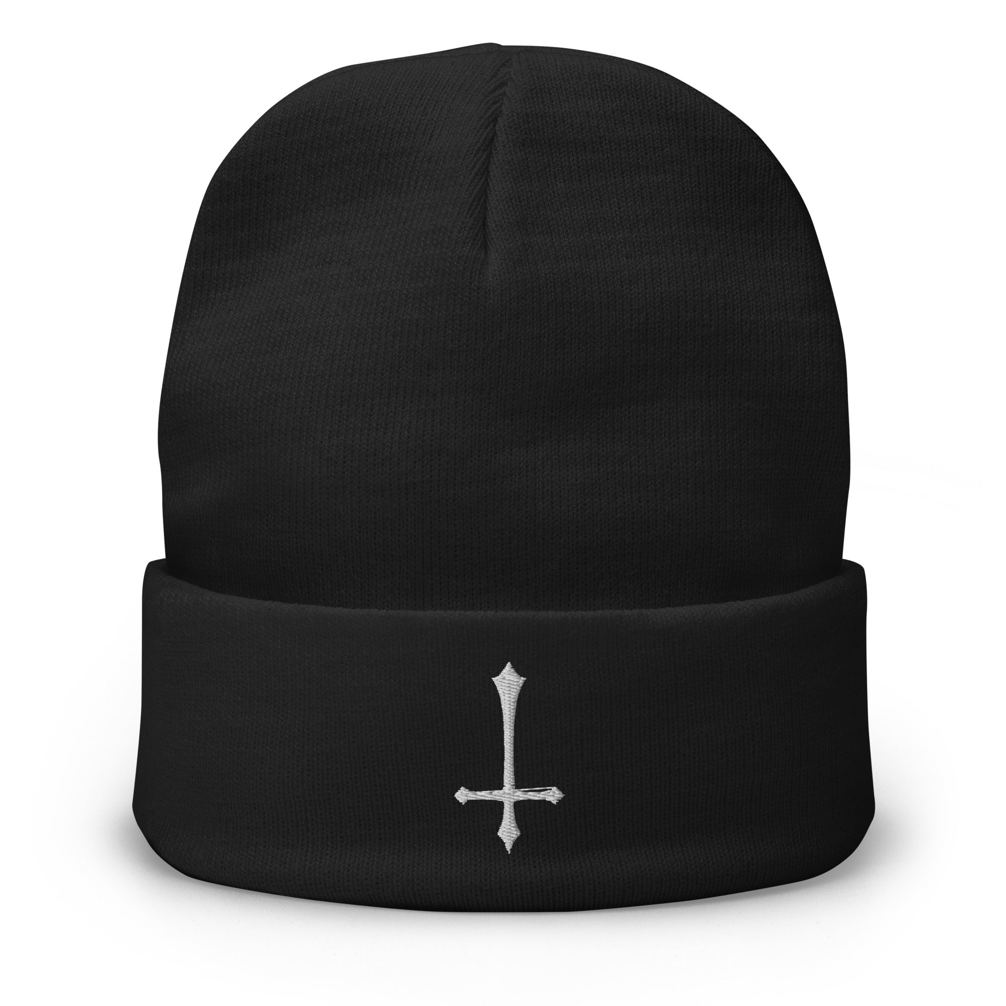 White Inverted Cross Embroidered Cuff Beanie Gothic Ancient Medeival Style - Edge of Life Designs