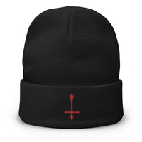 Black cuffed beanie with Red Inverted Cross embroidered artwork, front view