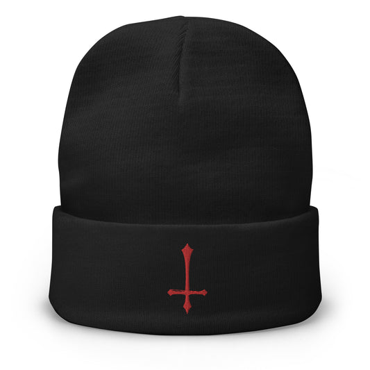 Black cuffed beanie with Red Inverted Cross embroidered artwork, front view