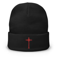 Black cuffed beanie with Vampire Hunter D Sign of the Cross embroidered artwork, front view