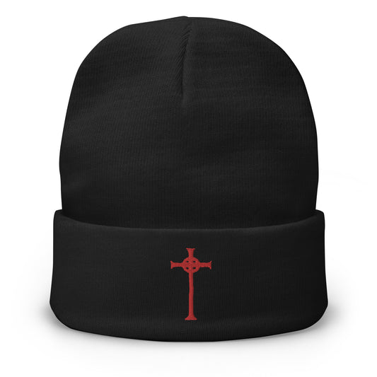 Black cuffed beanie with Vampire Hunter D Sign of the Cross embroidered artwork, front view