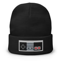 Black cuffed beanie with Classic NES Controller embroidered artwork, front view