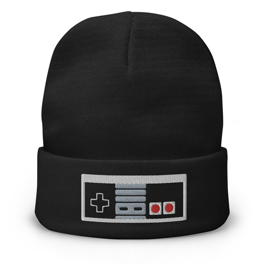 Black cuffed beanie with Classic NES Controller embroidered artwork, front view