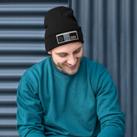 Black cuffed beanie with Classic NES Controller embroidered artwork, front view