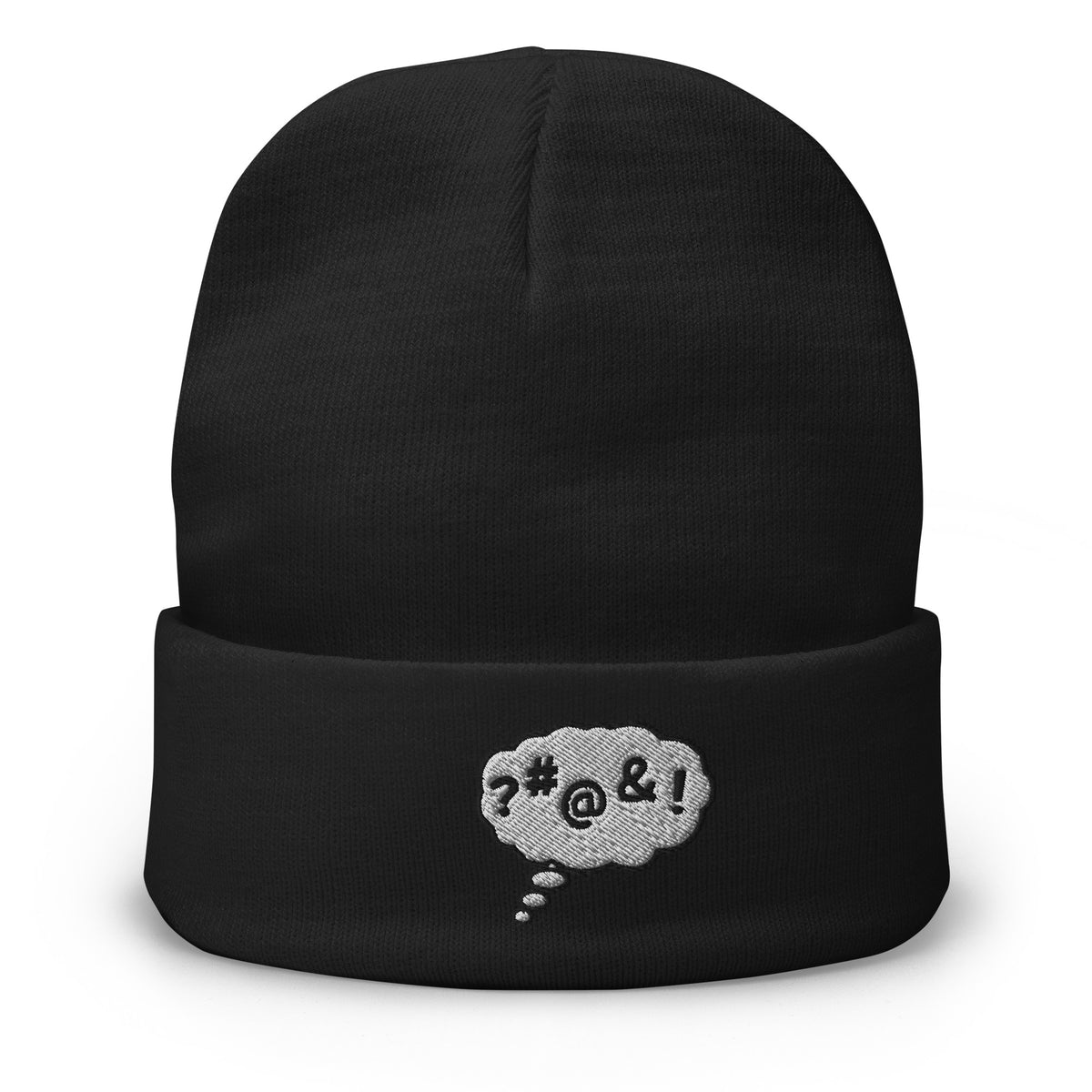 Black cuffed beanie with Comic Bubble Explicit Language embroidered artwork, front view
