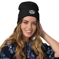 Black cuffed beanie with Comic Bubble Explicit Language embroidered artwork, front view