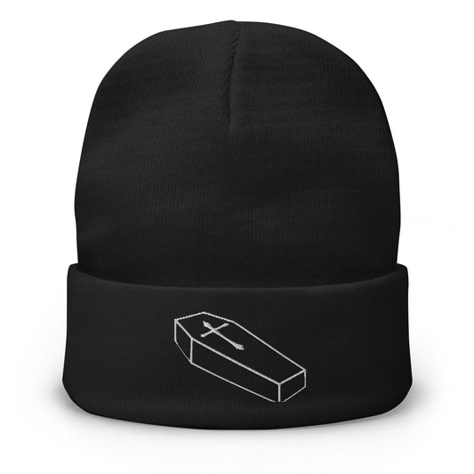 Black cuffed beanie with Toe Pincher Coffin with Cross embroidered artwork, front view