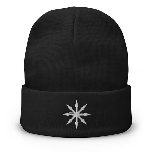 Black cuffed beanie with The of Chaos embroidered artwork, front view