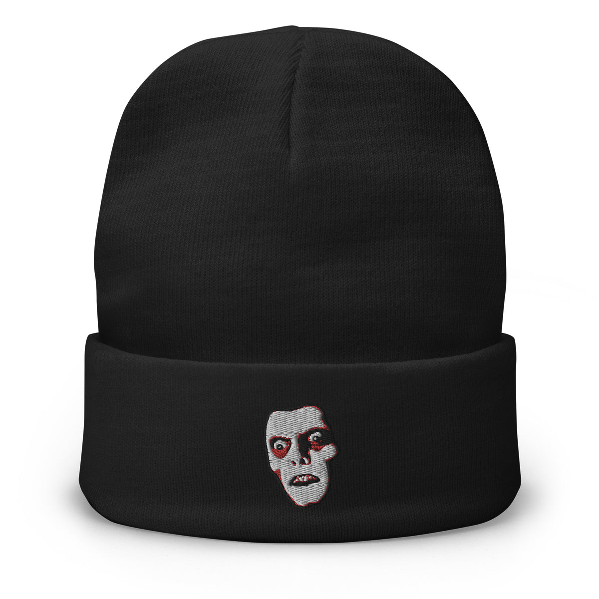 Black cuffed beanie with Monster Pazuzu "Captain Howdy" embroidered artwork, front view